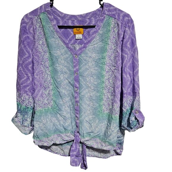 Ruby Rd Tie Dye Button Up Blouse Womens Size Large Purple Teal Roll Tab Sleeves - Picture 1 of 6